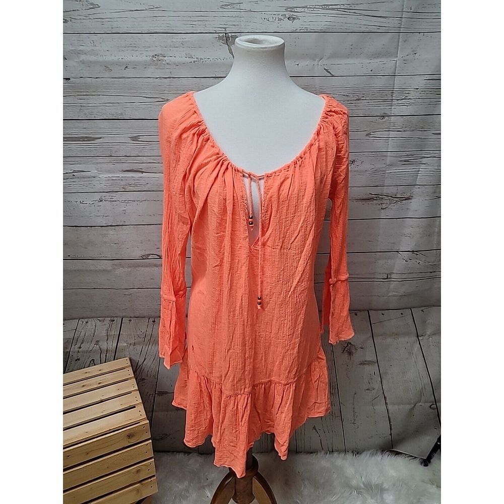 Polo Ralph Lauren Women's Sz M Top Cover-Up Tunic Long Sleeve Neon Orange Beads